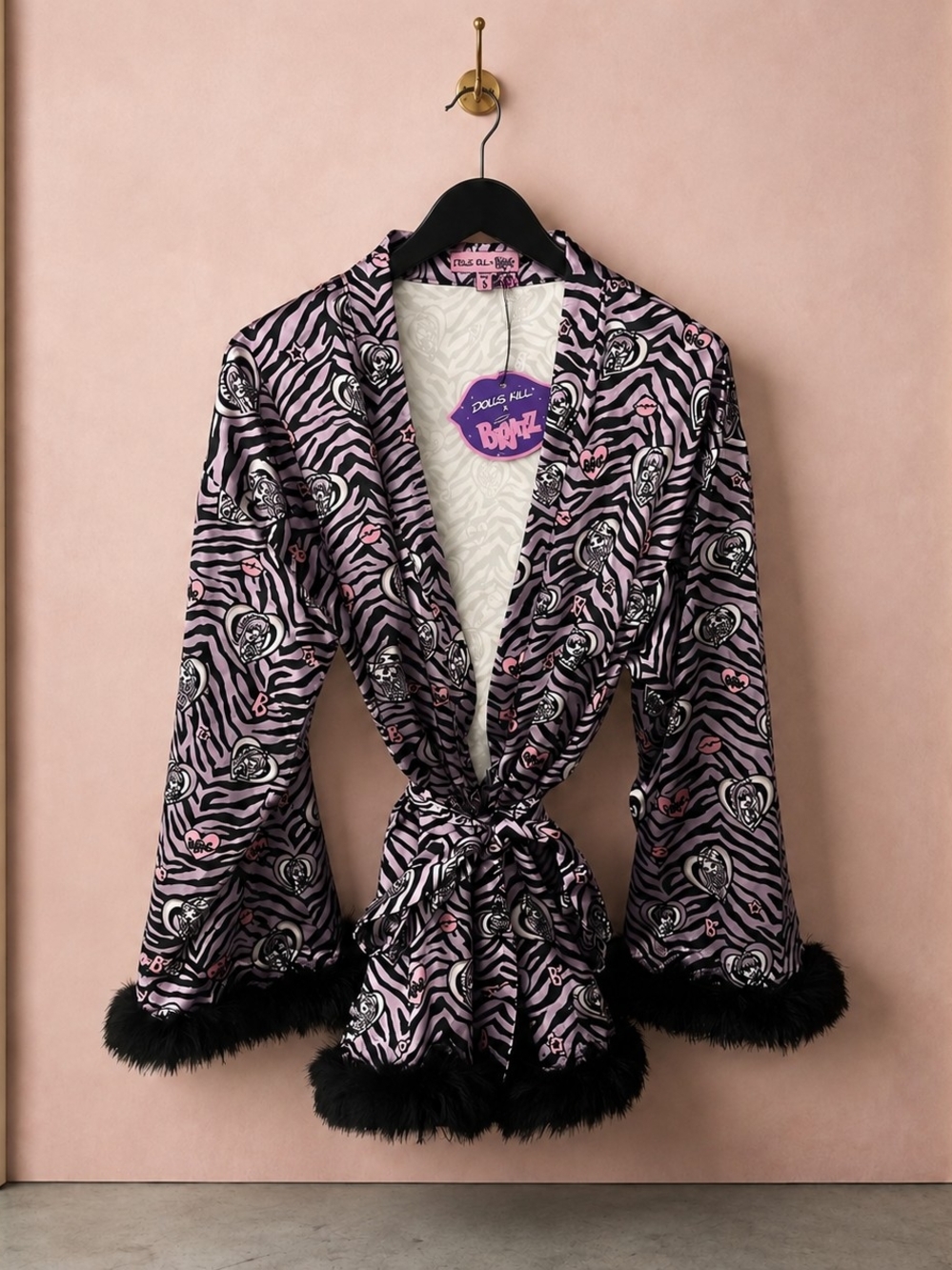 Dolls Kill X Bratz Wild At Heart Satin Robe with Black Faux Fur Trim. Small RARE